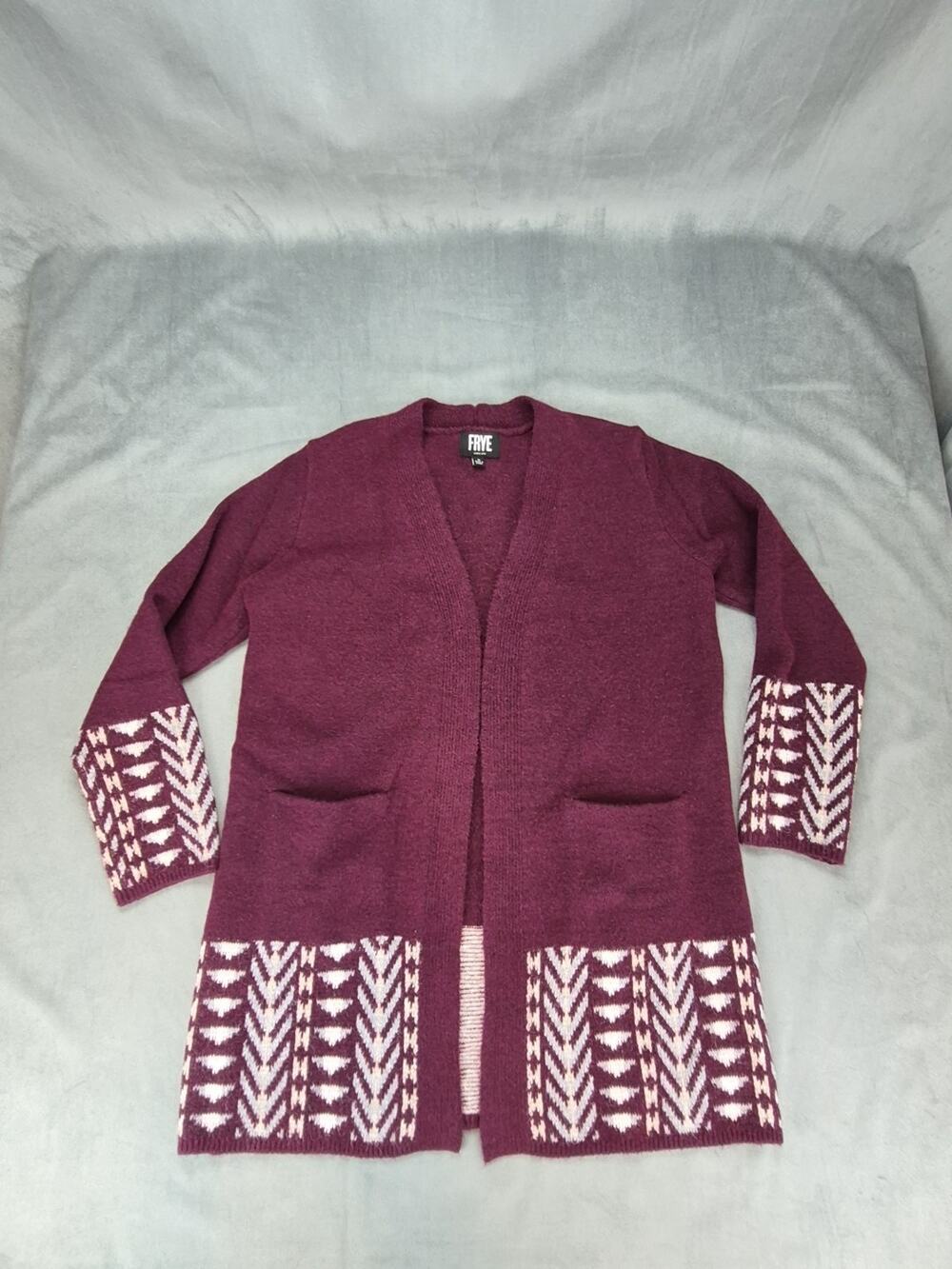 FRYE Burgundy Cardigan Western Aztec Boho Long Sweater Open Front Womens M